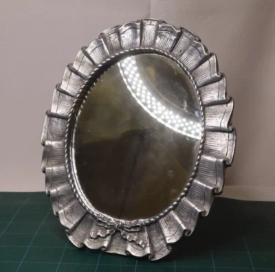 Oval Tabletop heavy rippled ribbon Mirror on stand w/Silver antique frame - Image 1 of 3
