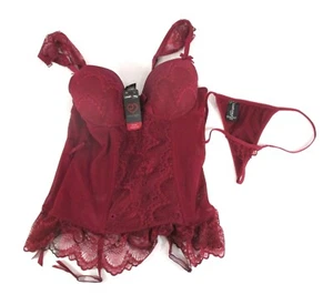 LoveHoney Lingerie Moonlight Satin & Lace Plunge Basque Set Wine Size L - Picture 1 of 12