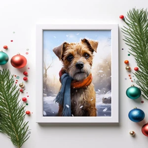 Border Terrier en un estampado de bufanda de invierno, pintura en acuarela, retrato de mascotas - Imagen 1 de 10