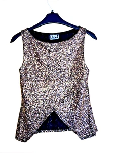 Gold Glitter Sleeveless Party Top size 10. Stomach Reveal Hem. Stretch fit. - Picture 1 of 4