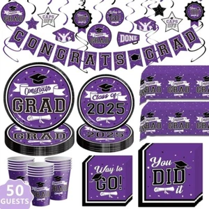 Purple Graduation Decorations Class of 2025, Grad Party Supplies for 50 Guests, - Picture 1 of 6
