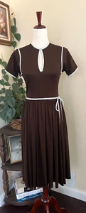 Donald Brooks Vintage 70s Brown Dress Blue Piping - Picture 1 of 17