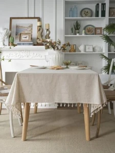 Rectangular Fringe Vintage Wedding Decor Tablecloth Universal Linen Solid Color - Picture 1 of 14