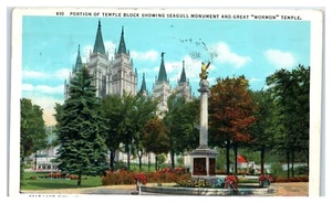 Teil des Tempelblocks zeigt Möwendenkmal Salt Lake City Utah Postkarte - Bild 1 von 2