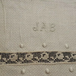 3 Beige Huck Leinen Hohlsaum Monogramm 2 "JAB" 1 RMH" Handtücher 13" x 21" Vintage - Bild 1 von 4