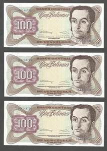 Venezuela 100 Bolivares 8.12.1992; UNC; P-66e; BNB-B334; Lot of 3 consecutive # - Picture 1 of 2