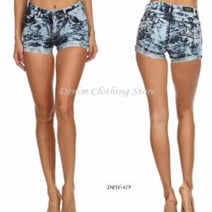 Women's Plain Solid Bleached Acid Washed Blue Denim Shorts Stones 24"~31" Waist - Picture 1 of 2
