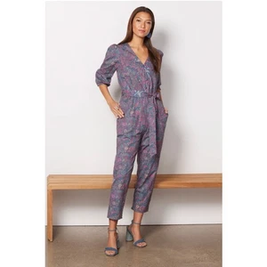 EVEREVE NWT Ember V Neck Multicolor Print Cotton Blend Tie Waist Jumpsuit // M - Picture 1 of 18