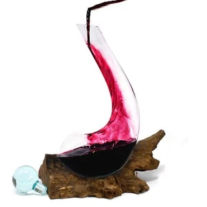 Handmade Molten Glass Wine Decanter on Natural Wood Base – 1L - Picture 1 of 9