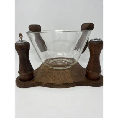 Ensaladera de vidrio vintage para servir con soporte de madera, garras y cocteleras S&P Apco Foto 1 de 4