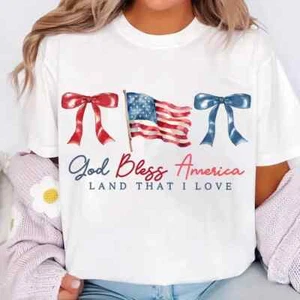 Patriotic T-Shirt – God Bless America, Coquette 4th of July, Retro Flag Tee - Picture 1 of 4