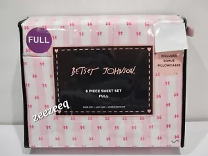 BETSEY JOHNSON Coquette Pink Bows Stripe Microfiber White Pink FULL Sheet Set - Picture 1 of 5