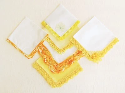 Vintage handkerchief lot #8, 6 w/ yellow/gold/orange shades of crocheted lace - Image 1 of 4