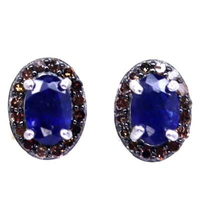 Plata de ley 925 4 x 6 mm. Pendientes Black Friday de zafiro azul y diamantes Foto 1 de 4