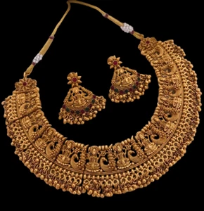 Bollywood Style Gold Plated Necklace Earrings South Indian Temple Jewelry Set - Picture 1 of 11