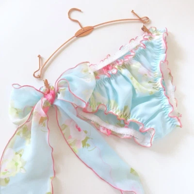 Womens Chiffon Floral Underwear Panties Knickers Briefs Lingerie Lace Up Ruffle - Image 1 of 4