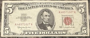 1963 $5 Bill -Red Seal- United States “Crisp” Five Spot. Federal Reserve Note - Picture 1 of 3