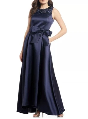 Tahari ASL Women's Navy Bow Front Beaded Neck Detail Mikado Ball Gown Sz 2 $248 - Изображение 1 из 4