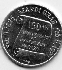 Mardi Gras Doubloon Krewe of Jefferson 1975 aluminio - Imagen 1 de 2