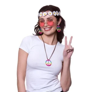 Ladies HIPPIE SET Headband Earrings Glasses Necklace One Size Womans Fancy Dress - Picture 1 of 2