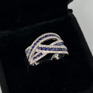 EFFY 14k Diamond & Sapphire Crossover White Gold Ring Size 7 - Picture 1 of 9