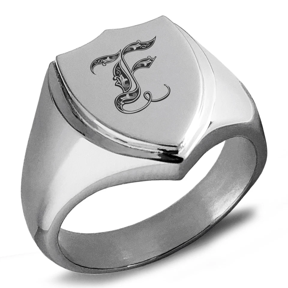 Anillo de sello de acero inoxidable con escudo con monograma real inicial letra F para hombre Foto 1 de 1
