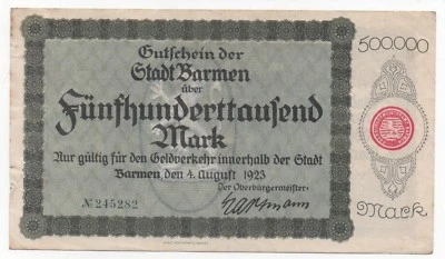 GERMANY BARMEN 500000 MARK 1923 EMERGENCY MONEY NOTGELD LOOK SCANS - Image 1 of 2