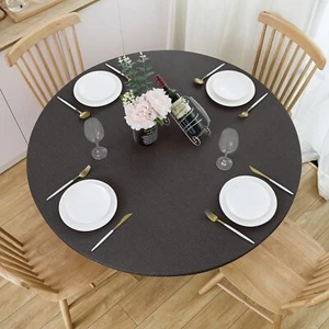 round Fitted Vinyl Tablecloth with Elastic Edge 100% Waterproof Oil Proof PVC Ta - Picture 1 of 7