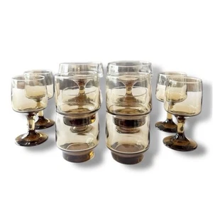 12 Libbey Tawny Accent Wine Glass Set Vintage Smoke Brown Retro Bar Stemware Lot - Picture 1 of 20