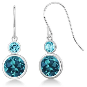 925 Sterling Silver London Blue Topaz and Swiss Blue Topaz Hook French Fish Ear - Picture 1 of 3