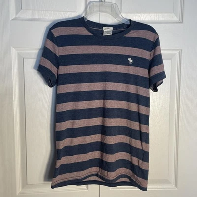 Camisa Abercrombie & Fitch Para Hombre Pequeña Azul Rosa Rayas Logo Alce Cuello Redondo Camiseta Foto 1 de 4