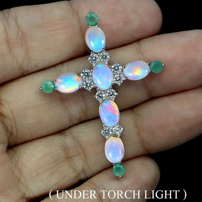 Colgante de plata de ley 925 ovalado ópalo de fuego 7x5 mm cruz esmeralda piedras preciosas joyería Foto 1 de 4