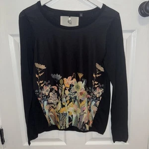 Michelle Morin Anthropologie Flamingo Garden Pullover Blouse Black Floral M - Picture 1 of 6