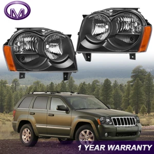 Pair Black Headlights For 2005-07 Jeep Grand Cherokee Sport Utility 4-Door New - Picture 1 of 11