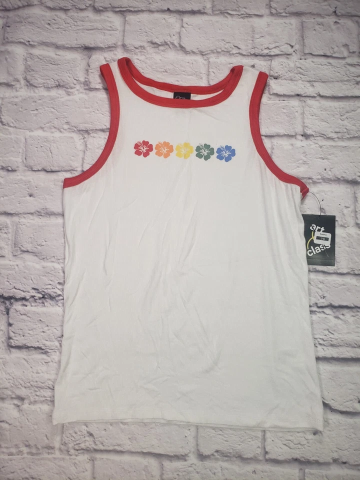 Art Class Girl's Size Large (10/12) White And Red High Neck Graphic Tank Top