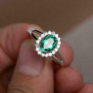 925 Sterling Silver Green Emerald and White Topaz Halo Engagement Ring