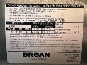 Broan L100 106 CFM Ceiling or Wall Mounted Commercial In-Line ventilator quiet - Picture 1 of 4