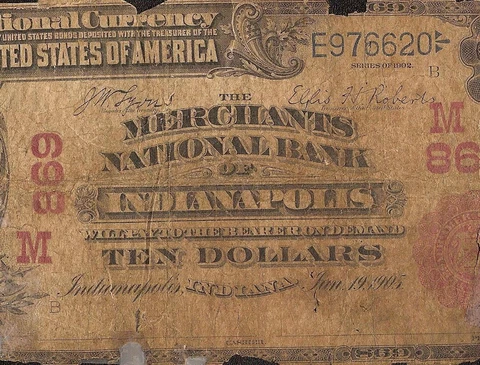 1902 $10 BILL RED SEAL INDIANAPOLIS NATIONAL BANK NOTE LARGE CURRENCY TAPE TEARS Cover