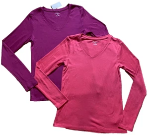 Lot x 2 Eddie Bauer Long Sleeve Thin Fitted V-Neck T Shirts Maroon Coral Small - Picture 1 of 5