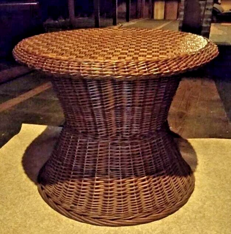 Large Vtg Round 22" tall Woven Wicker Rattan Hourglass Side Table Mid Century Cover