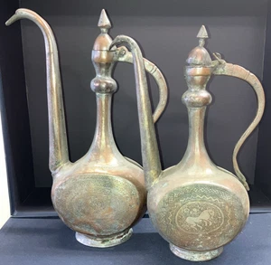 Antique 19th Century Pair of Qajar Islamic Copper Pitcher Teapots Hand Engraved - Picture 1 of 19