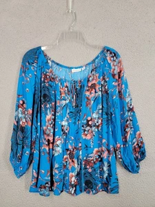 Eva Mendes Blue Floral Peasant Top Medium 3/4 Sleeve Relaxed Beach Resort - Picture 1 of 9