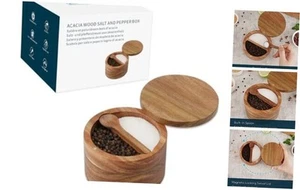 Acacia Wood Salt and Pepper Bowl Box,Built-in Spoon,Two Compartments Spice - Picture 1 of 7
