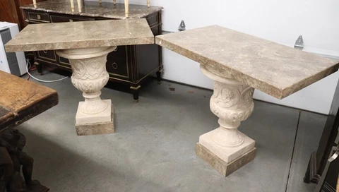 Fine Pair Italian Neoclassical Style Faux Marble Urn Console Tables Cover