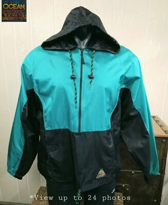 Ocean Equipment Vintage 90s Men's Sz M Teal Black Surf Nylon 1/2 Zip Windbreaker - Image 1 of 4