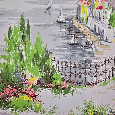 Vintage Wallpaper Sample Sheet 60s 70s Retro Landscape Seaside Town Craft Supply - Image 1 of 4