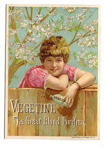 Victorian Trade Card VEGETINE BLOOD PURIFIER remedy pretty girl at fence - Picture 1 of 2