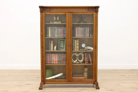 Victorian Antique Oak Office or Library Bookcase Display Cabinet Paw Feet #45087 Cover