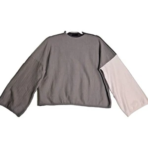 MIOU MUSE Women's Sweater Sz M Brown Neutral Pink Color Block Wide Arm Boxy - Picture 1 of 10