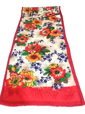 VTG Adrienne Vittadini Womens Scarf 100% Silk Floral Hand Rolled Red Rectangle - Image 1 of 4
